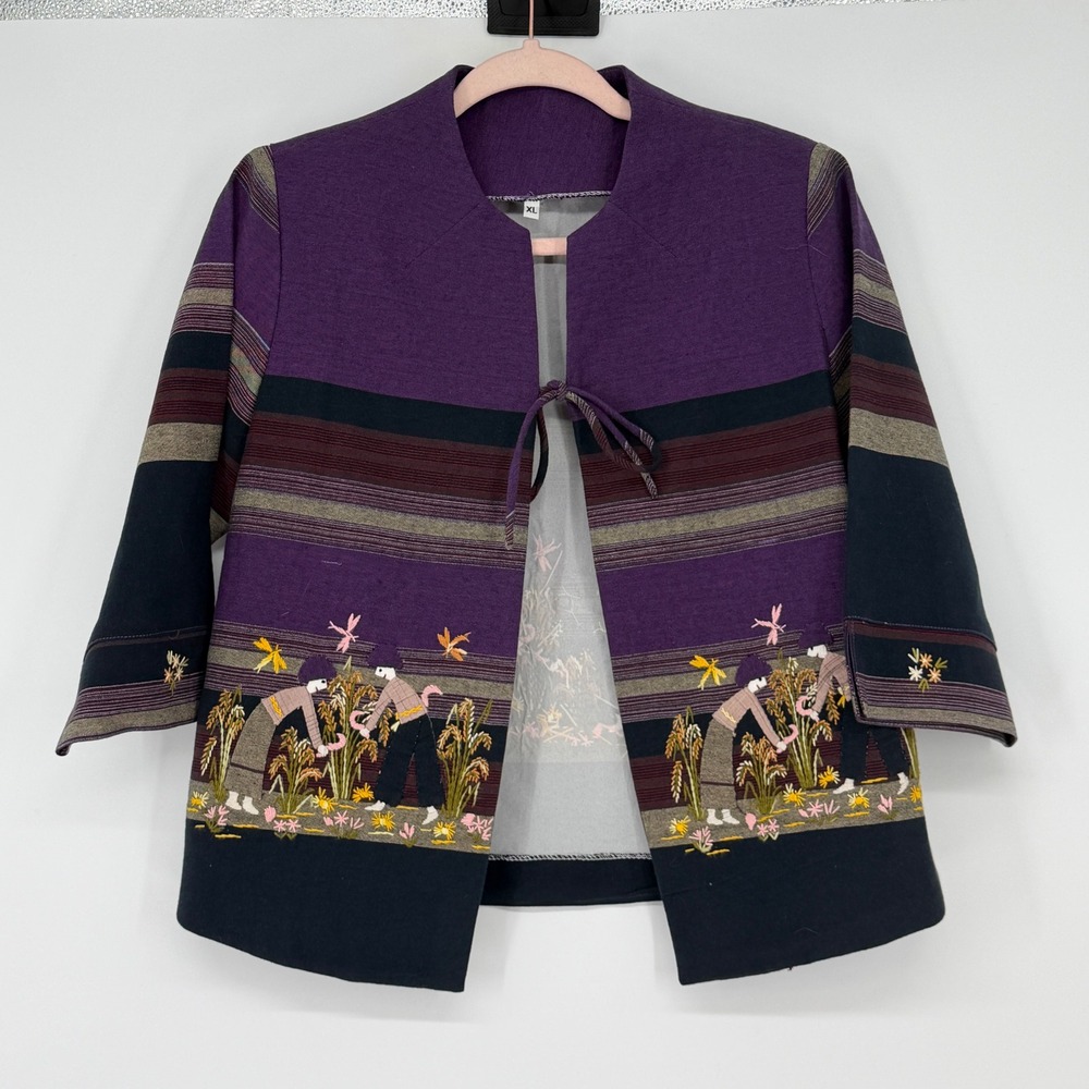 Vintage Embroidered Jacket Purple Stripe Tie Front Artisan XL Asian Inspired